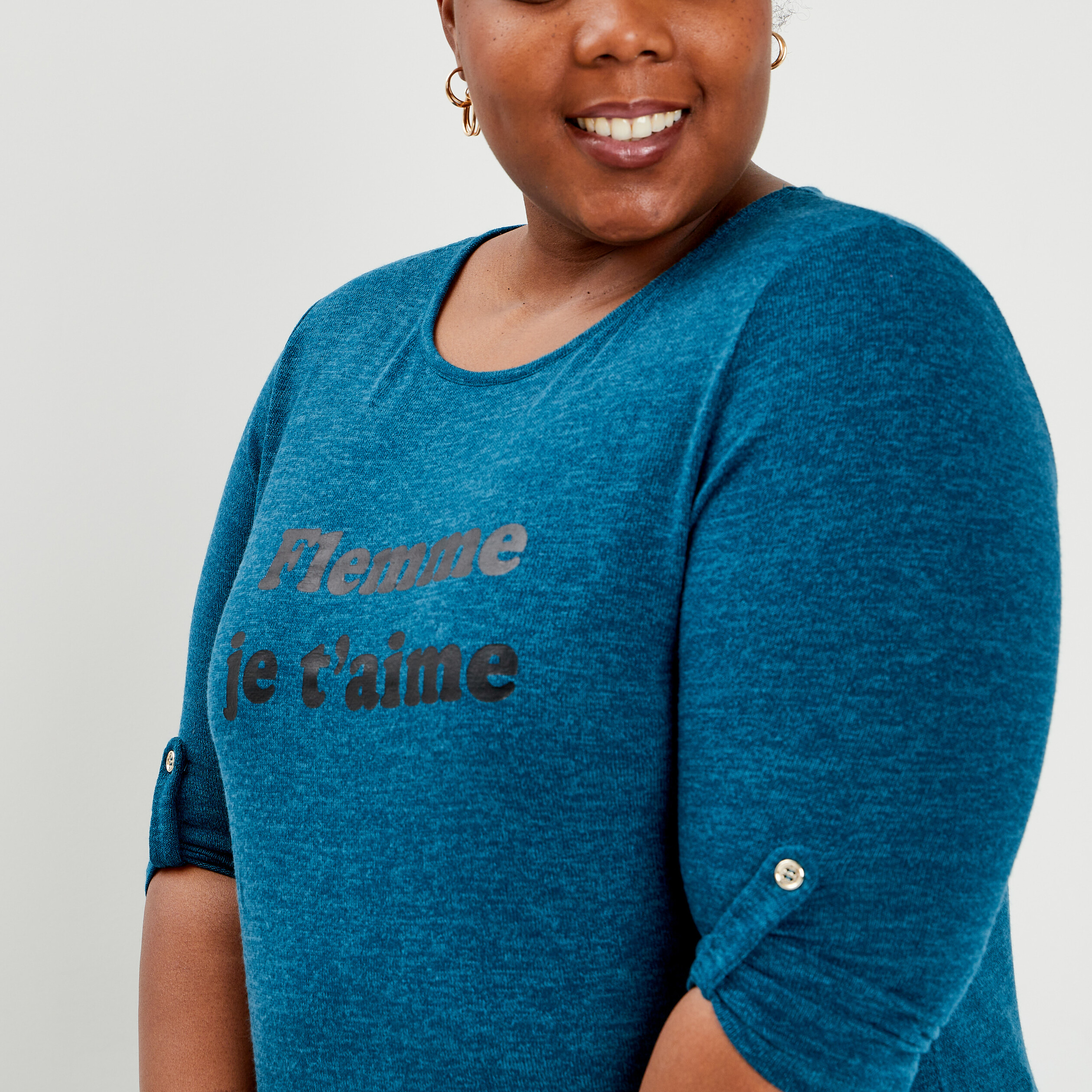 Pull manches 3 4 bleu canard femme grande taille | La Halle