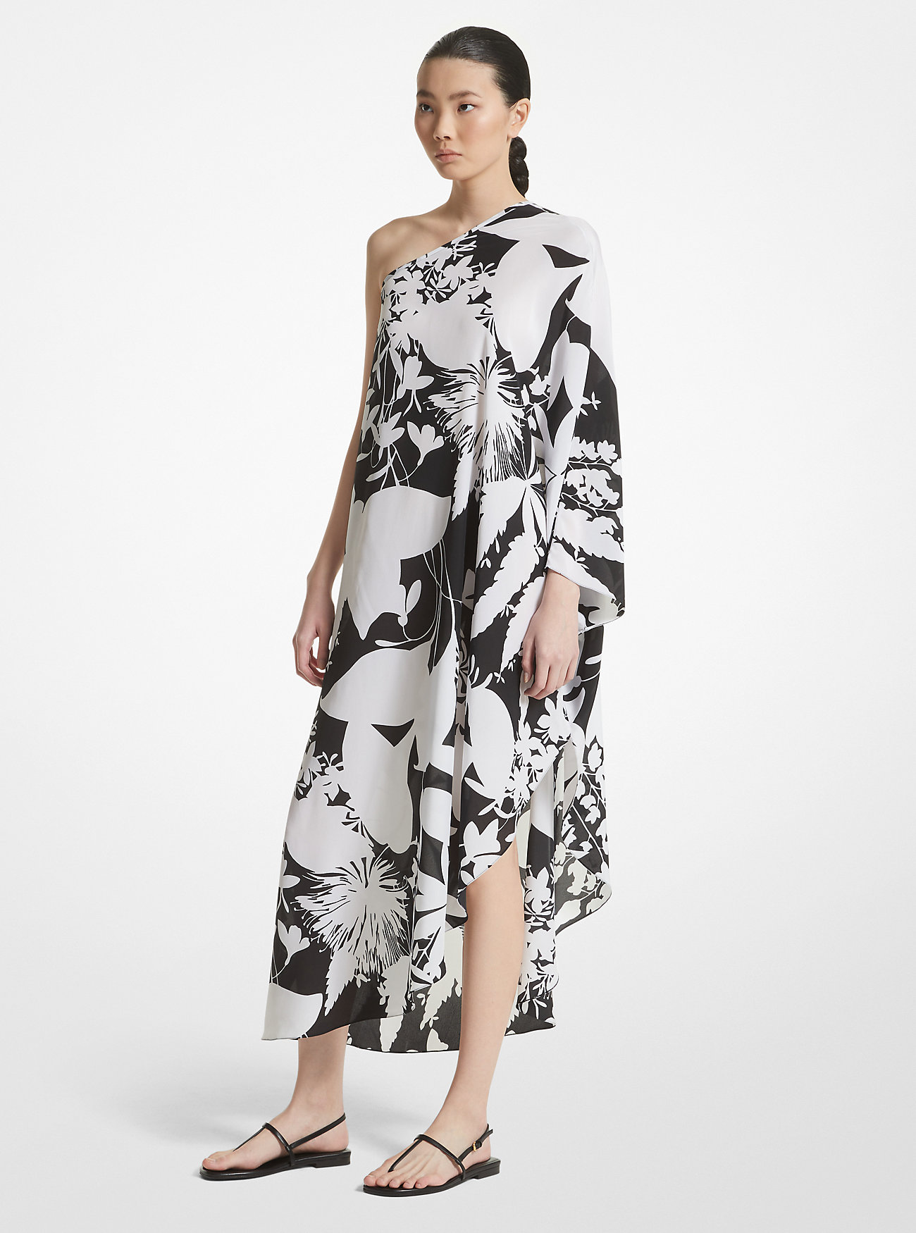 Shadow Floral Organic Silk Crepe De Chine One-Shoulder Caftan - BLACK/OPTIC WHITE
