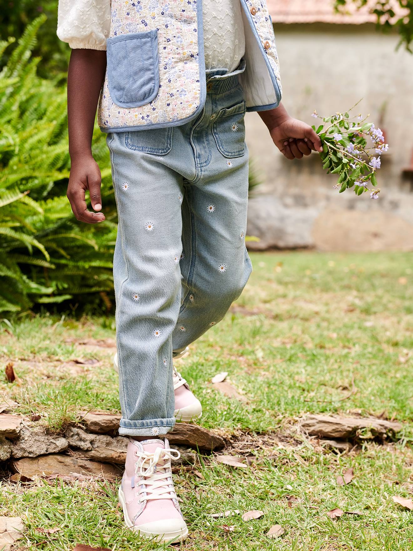Jean paperbag brodé fleurs fille bleu jean