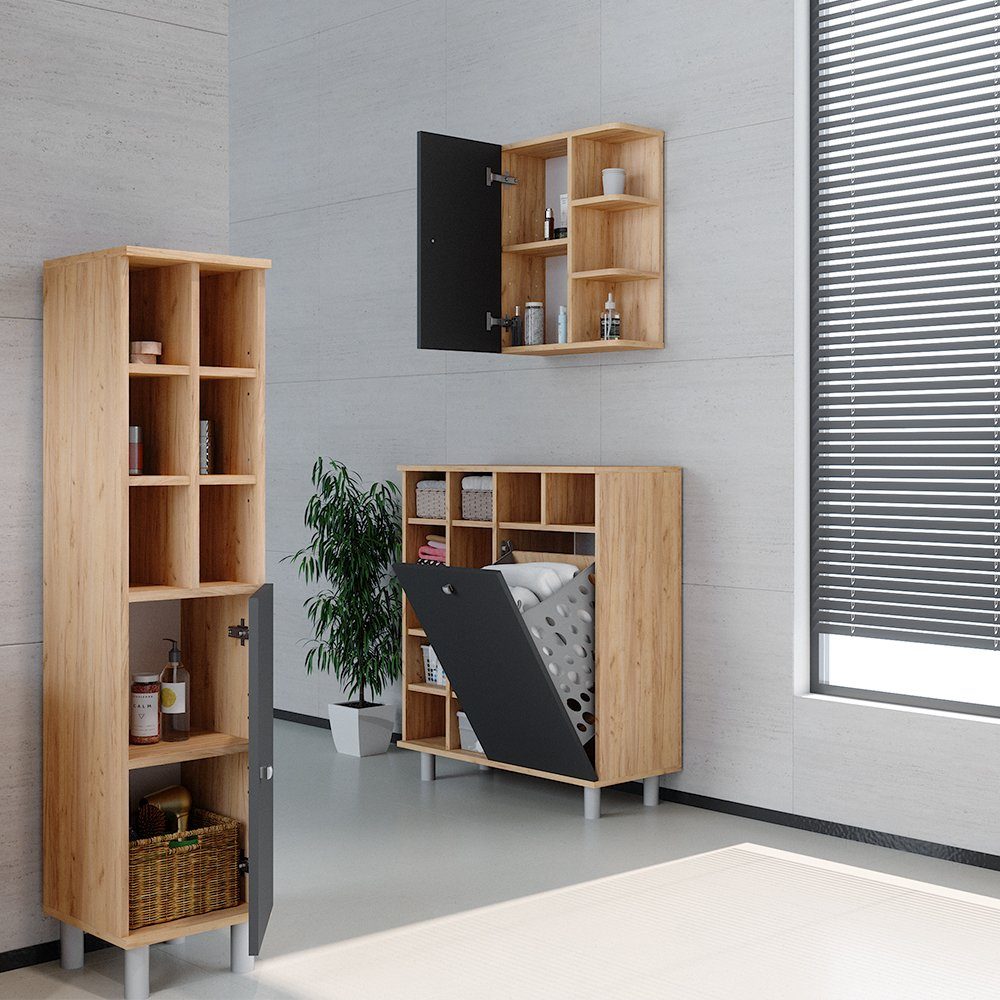 Vicco Wäscheschrank Badschrank mit Wäschekorb FYNN Goldkraft / Anthrazit