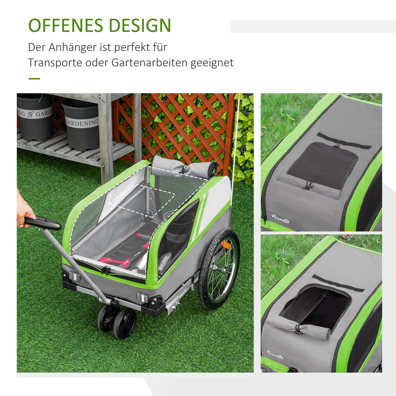 PawHut 2-in-1 Hundeanhänger Trolley für Haustier Lastenanhänger Grün Grau