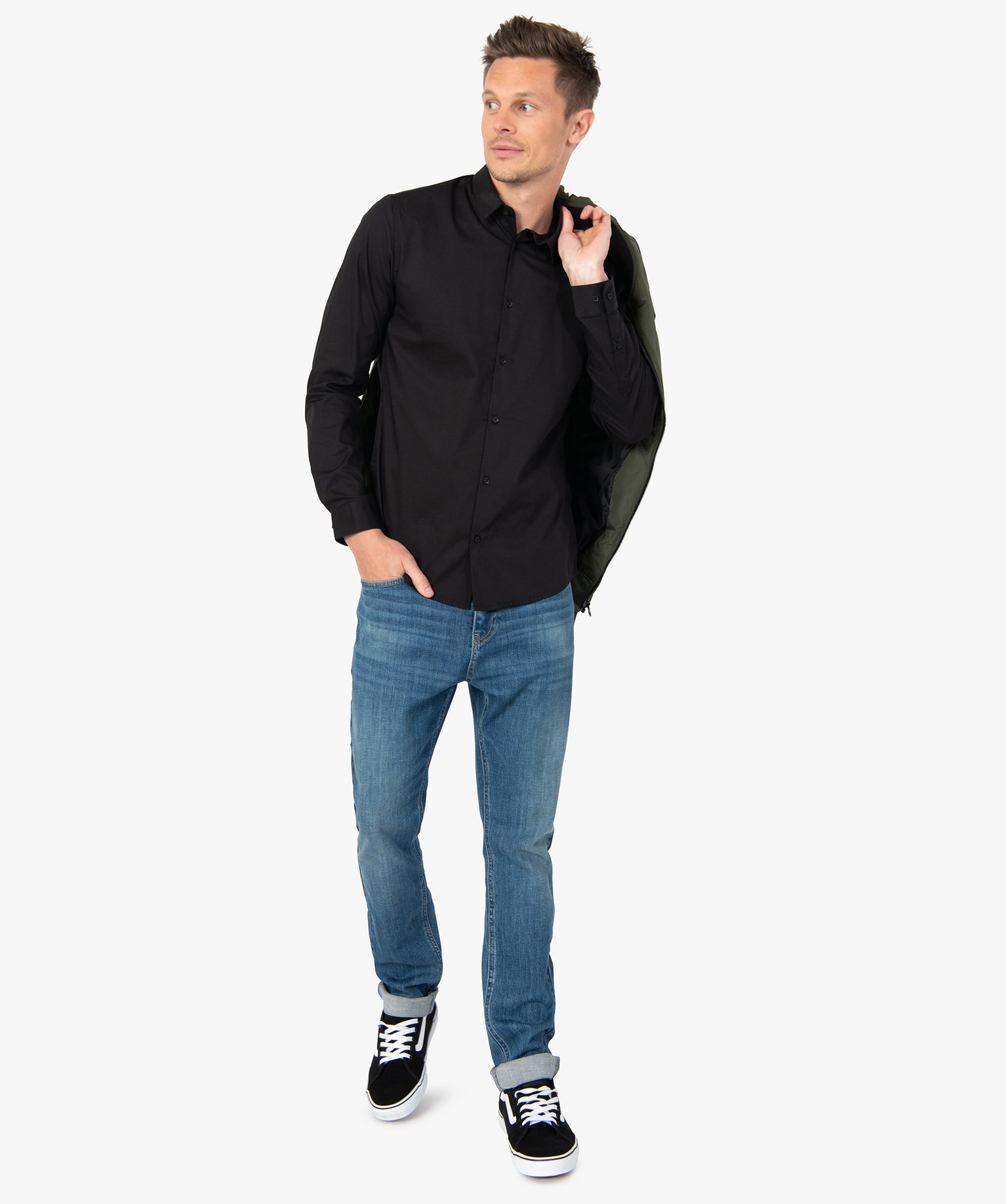Chemise homme unie coupe slim en coton stretch noir | GEMO