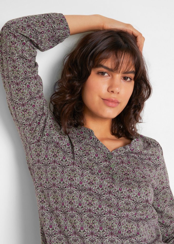 Bedrucktes Langarmshirt mit Henley-Kragen