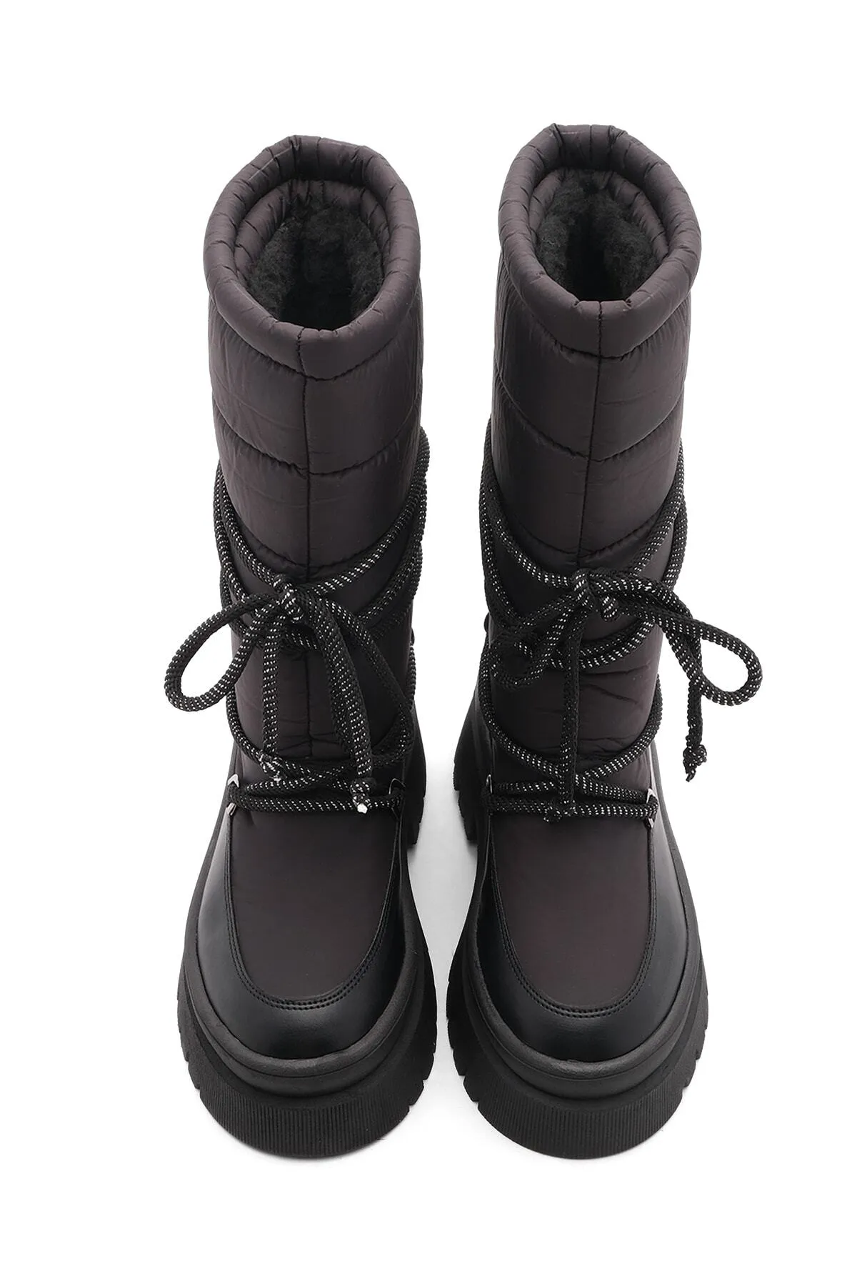 Marjin  Damen-Schneestiefel mit dicker Sohle und Schnürung aus Fell an der Innenseite von Armen schwarz