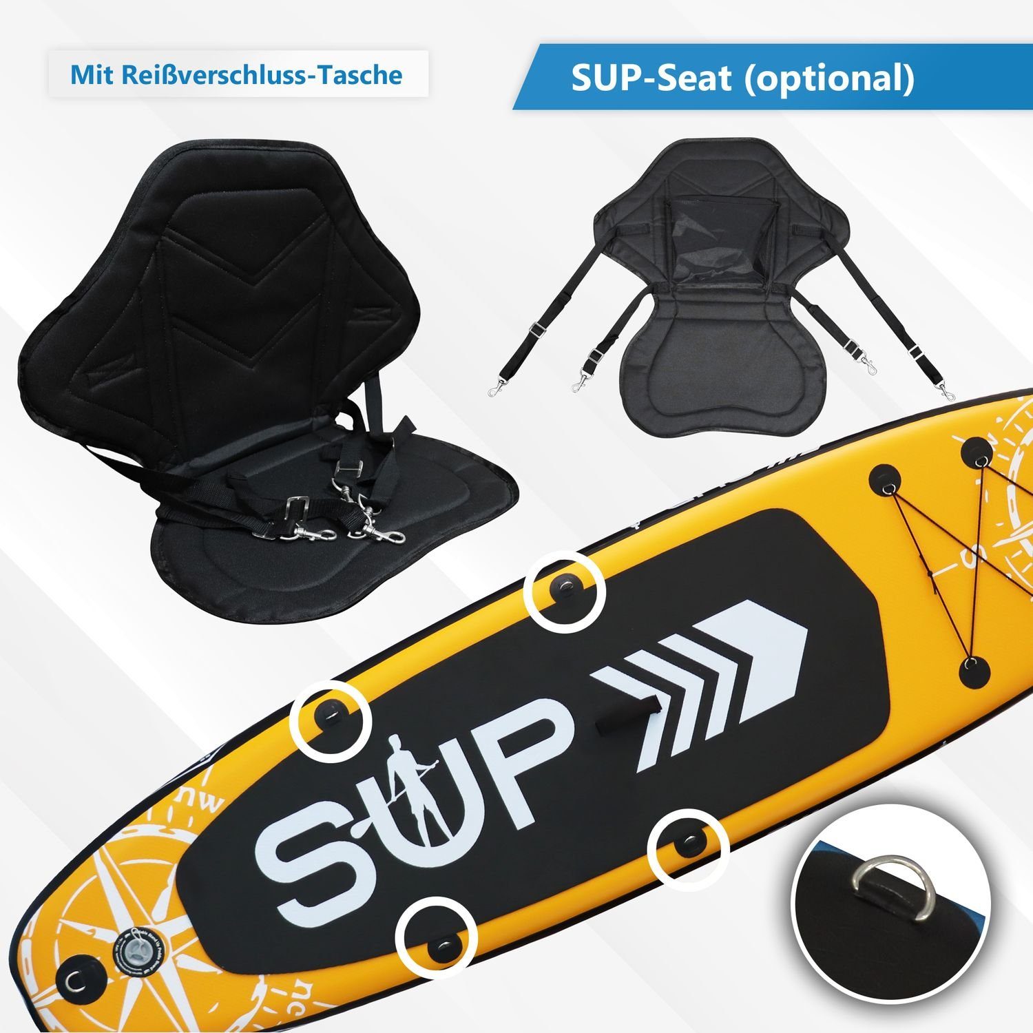 24Move SUP-Board Supboard Set, Premium Stand Up Paddleboard aufblasbar, inkl. Zubehör, Longboard, (Rucksack, Paddel, Action Cam ready, Doppelhub Pumpe, Sicherungsleine, 6 tlg., für Kinder & Erwachsene, ORANGE, 320x76, bis 180 kg), mit Drop Stich Tech