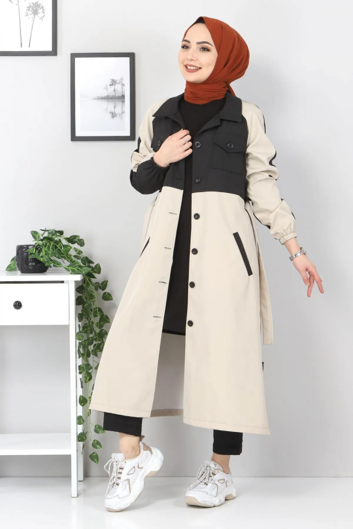 Tesettür Dünyası  Zweifarbiger Trenchcoat Tsd0919 Beige