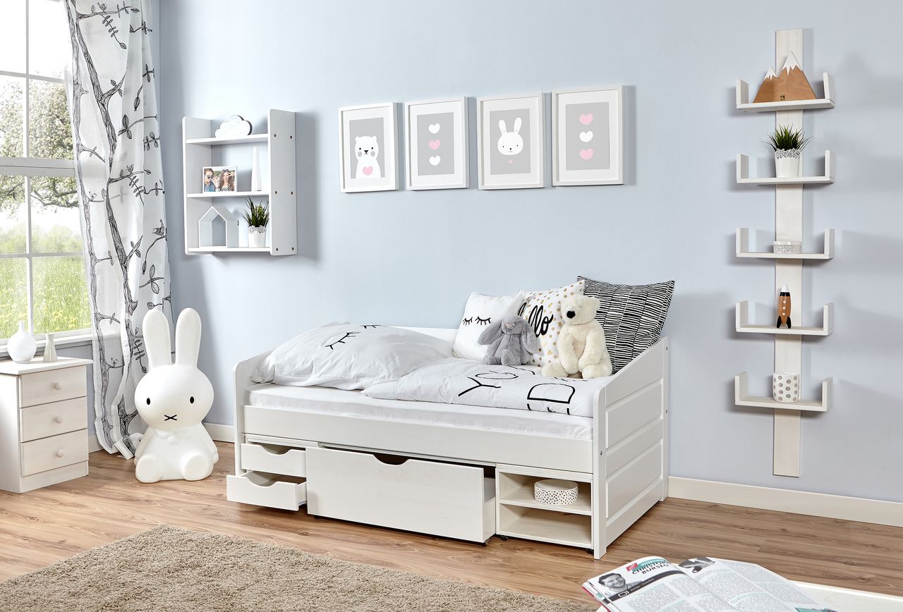 Ticaa Sofabett MINI Micki Buche weiß 80x160 cm Var 3 - mit 3er Funktionsschubkasten - inkl. Matratze