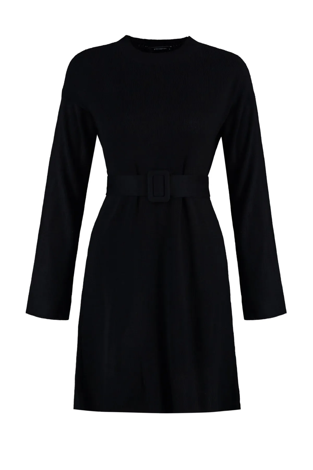 Trendyol Collection  Schwarzes, detailliertes Mini-Strickkleid mit Gürtel TWOAW23EL00041
