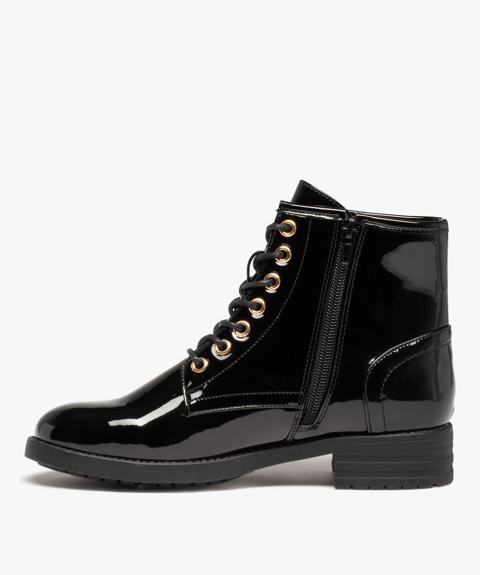Boots femme à lacets dessus uni et verni à talon large noir | GEMO