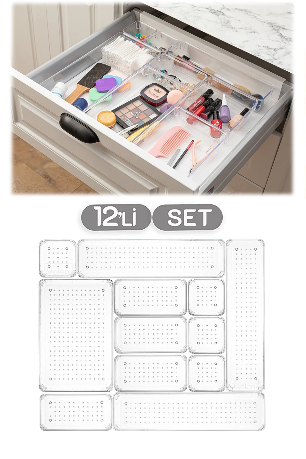 Meleni Home  Set mit 12 modularen Schubladen-Organizern, Badezimmer-Make-up – Schmuck-Organizer – Büro-Desktop-Organizer