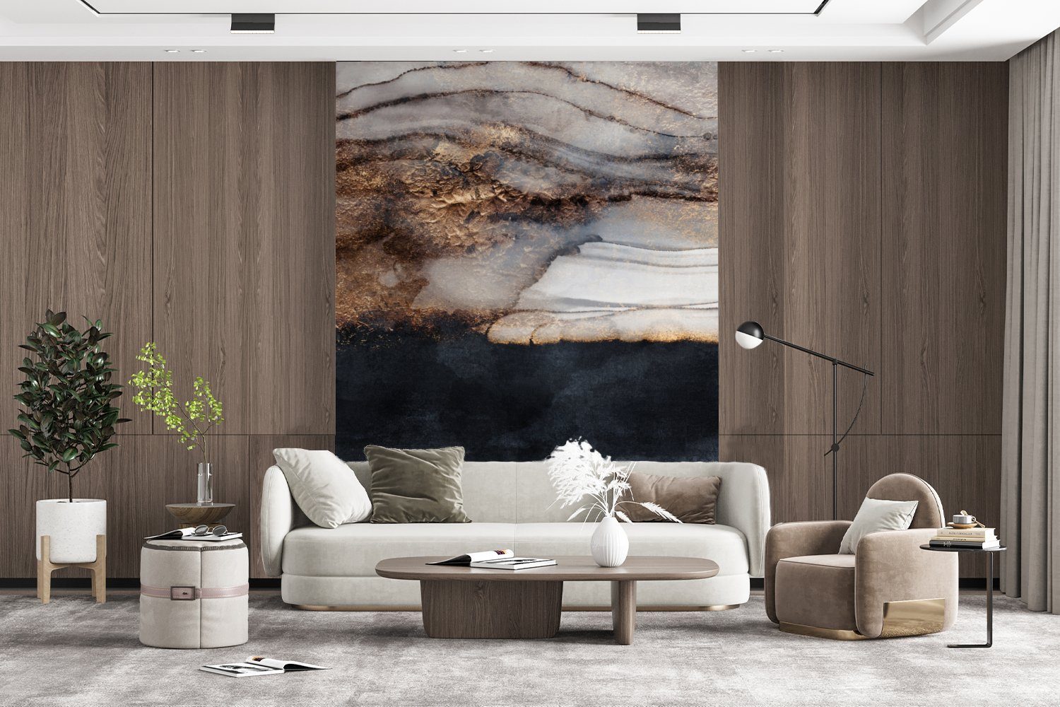 MuchoWow Fototapete Sturm - Gold - Abstrakt, Matt, bedruckt, (4 St), Montagefertig Vinyl Tapete für Wohnzimmer, Wandtapete