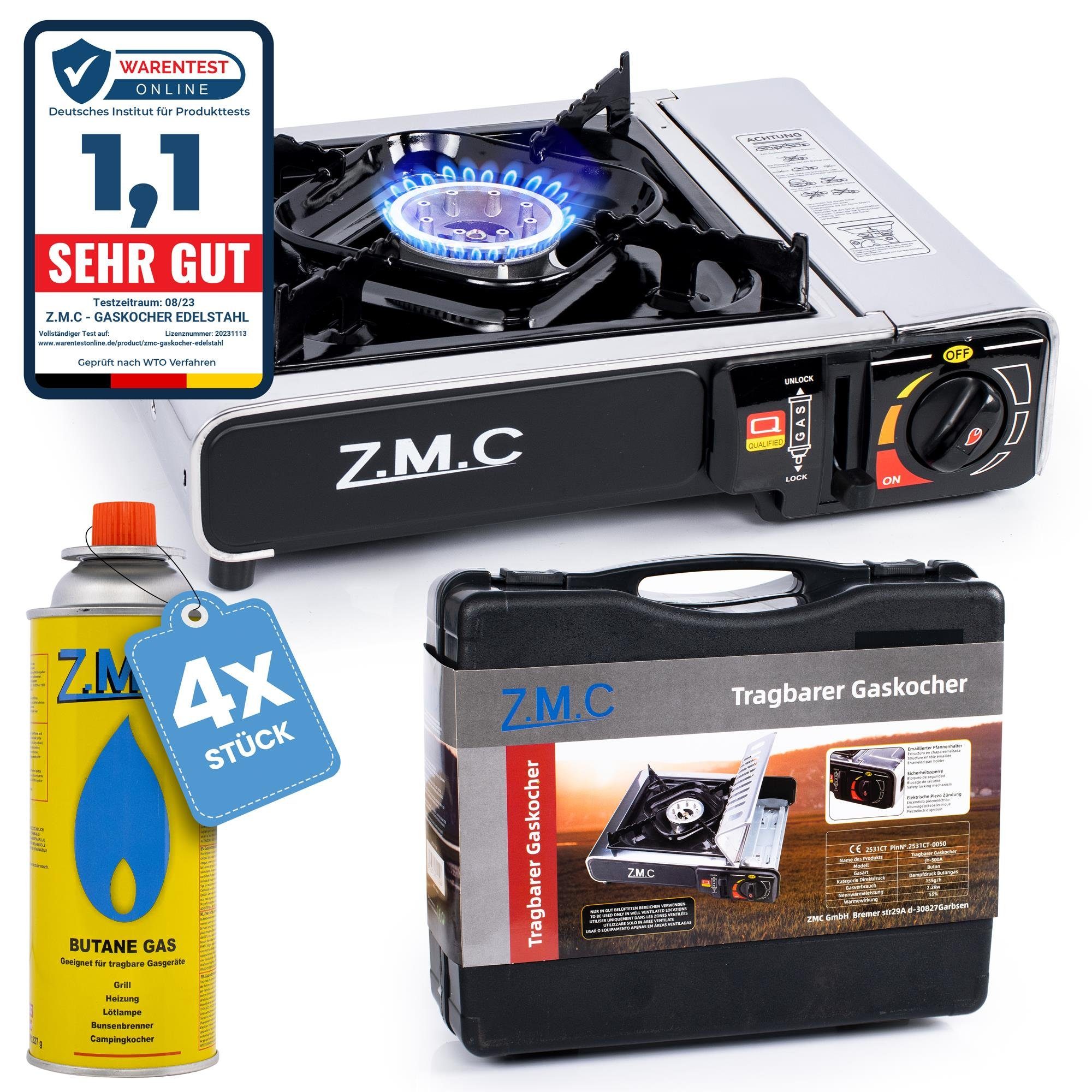 ZMC Gaskocher Edelstahl Gaskocher 1-flammig + Aufbewahrungskoffer + 4x Gaskartuschen, (Butangas Campingkocher für Innenraum/Outdoor, Campinggaskocher 2,2 kW mit Piezozündung), Kochfeld Herd Gaskocher mit Kartusche, Gaskochfeld für Camping