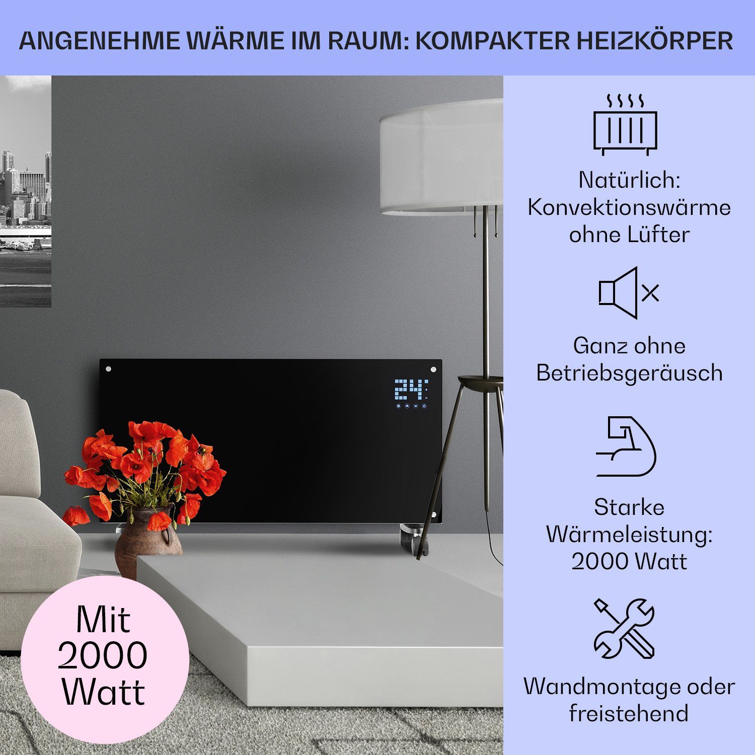 Klarstein Heizstrahler Bornholm, 2000 W, Konvektorheizung elektrisch Elektrokoheizung energiesparend Heizkörper