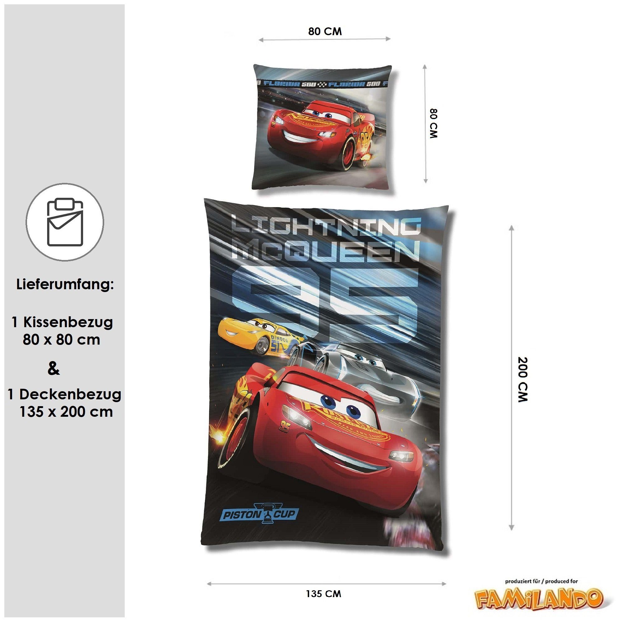 Kinderbettwäsche  Cars 135x200 80x80 cm, extra flauschig mit Reißverschluss, Familando, Fleece, 2 teilig, mit Lightning McQueen, Cruz Ramirez & Jackson Storm