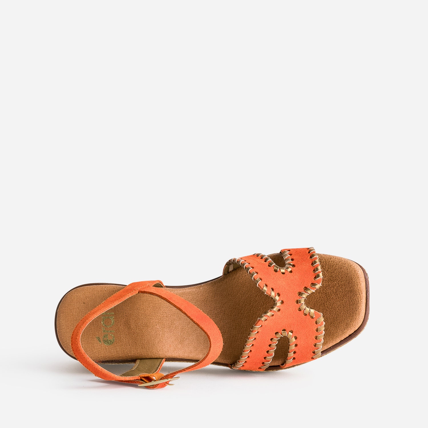 Sandale compensée orange cuir velours tressé doré