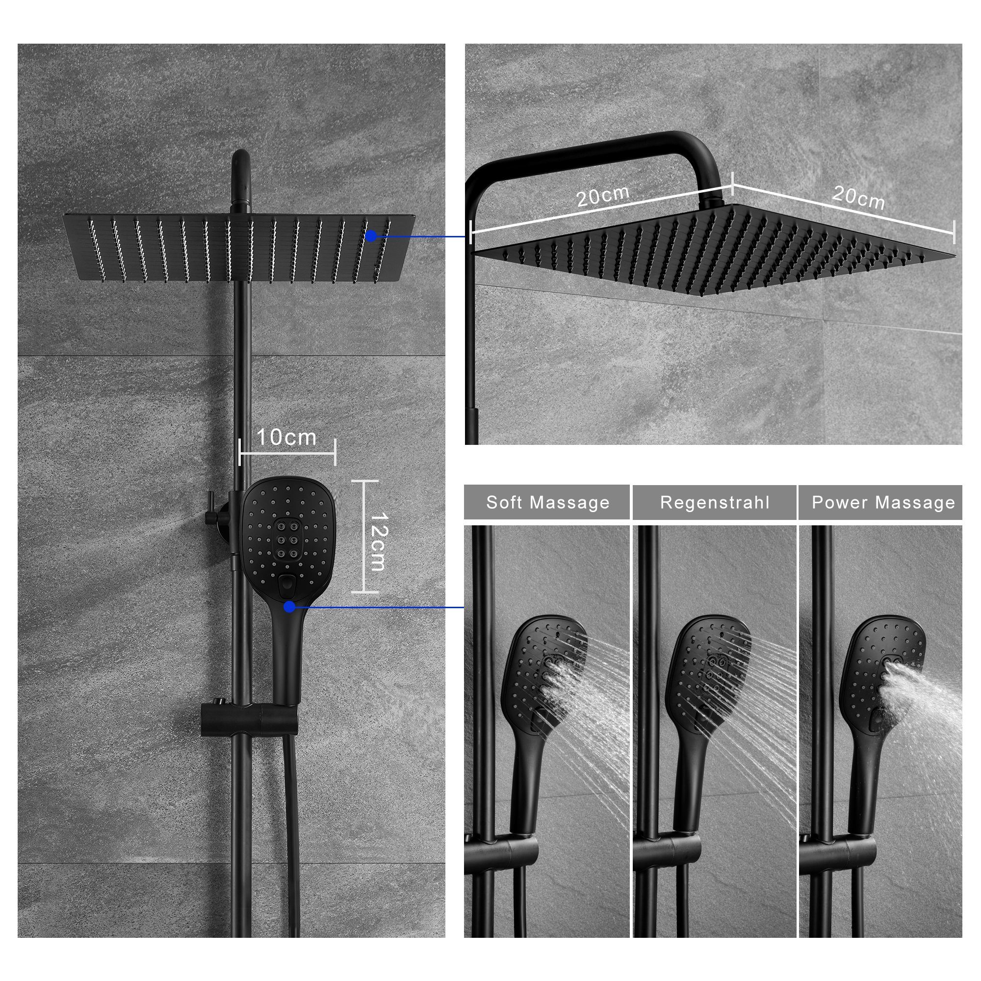 JOHO Brausegarnitur Duschsystem Duschset Dusche Schwarz Edelstahl, Höhe 114 cm, 3 Strahlart(en), Kopfbrause 2020cm, universell einsetzbar für vorhandene Löcher