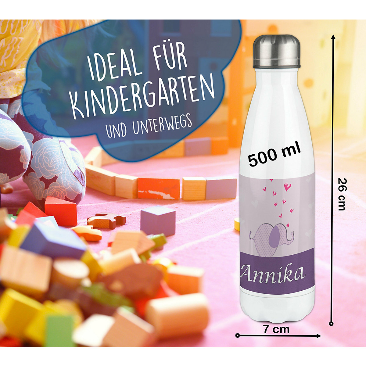 Edelstahl Kinder Thermoflasche / Trinkflasche bunt Elefant Farbe lila Spülmaschinenfest, Auslaufsicher, Bruchfest, Doppelwandig, Für Heißgetränke geeignet, Mit Deckel, Isoliert