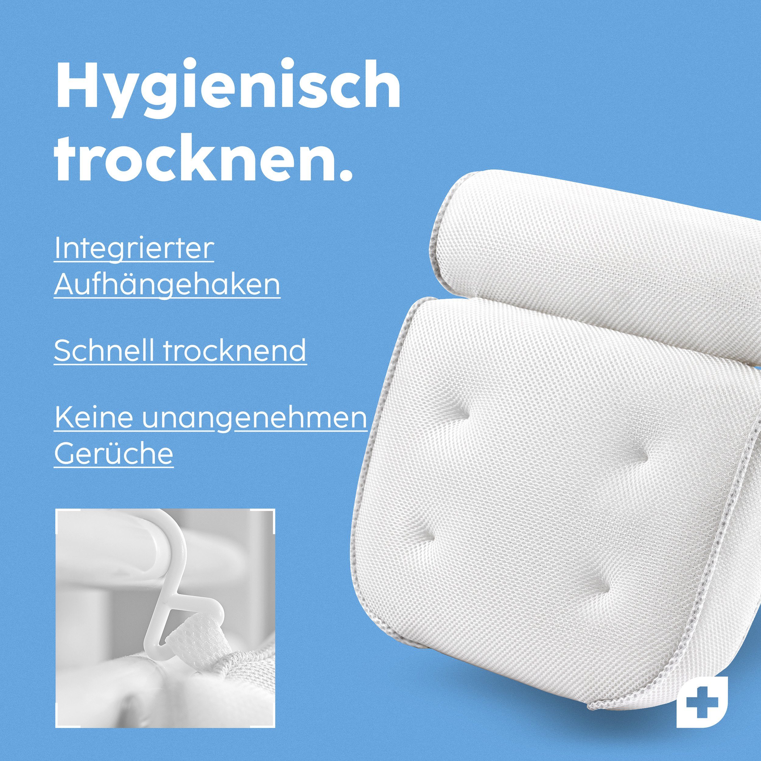 Nackenstützkissen Vesta+ Badewannenkissen XL mit Saugnäpfen und Haken, Badekissen Nackenkissen, Vesta+, Waschmaschinentauglich, Klimaneutral und nachhaltig, Badekissen Testsieger als Badewannenkissen Nacken & Nackenkissen Badewanne
