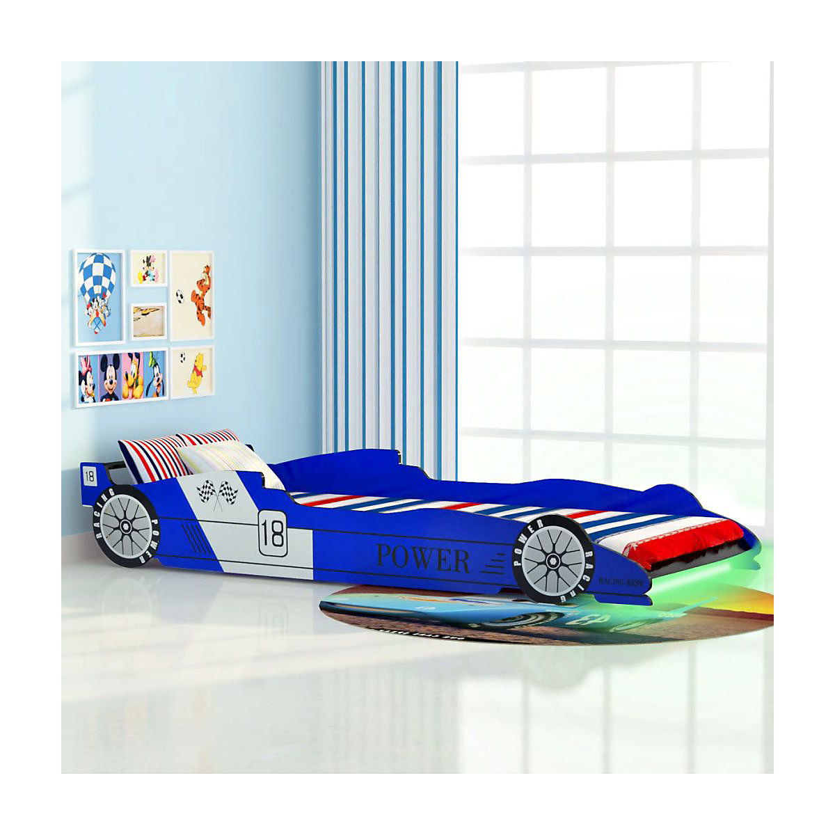 Kinderbett mit LED im Rennwagen-Design 90 x 200 cm Blau Kinderbett