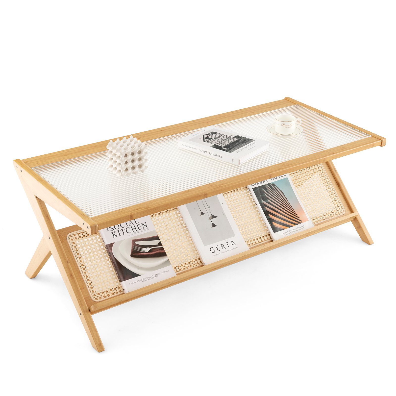 COSTWAY Couchtisch, mit Glastischplatte&Rattan-Ablagefach, Bambus, rechteckig