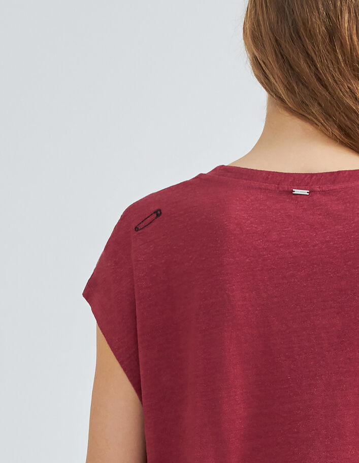 Tee-shirt bordeaux maille de lin irisée brodée Femme