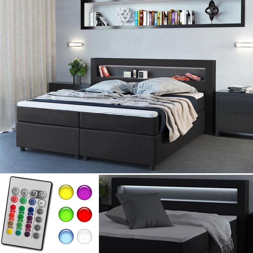 VitaliSpa® Boxspringbett Doppelbett Ehebett 180x200 cm H2 LED-Beleuchtung Anthrazit
