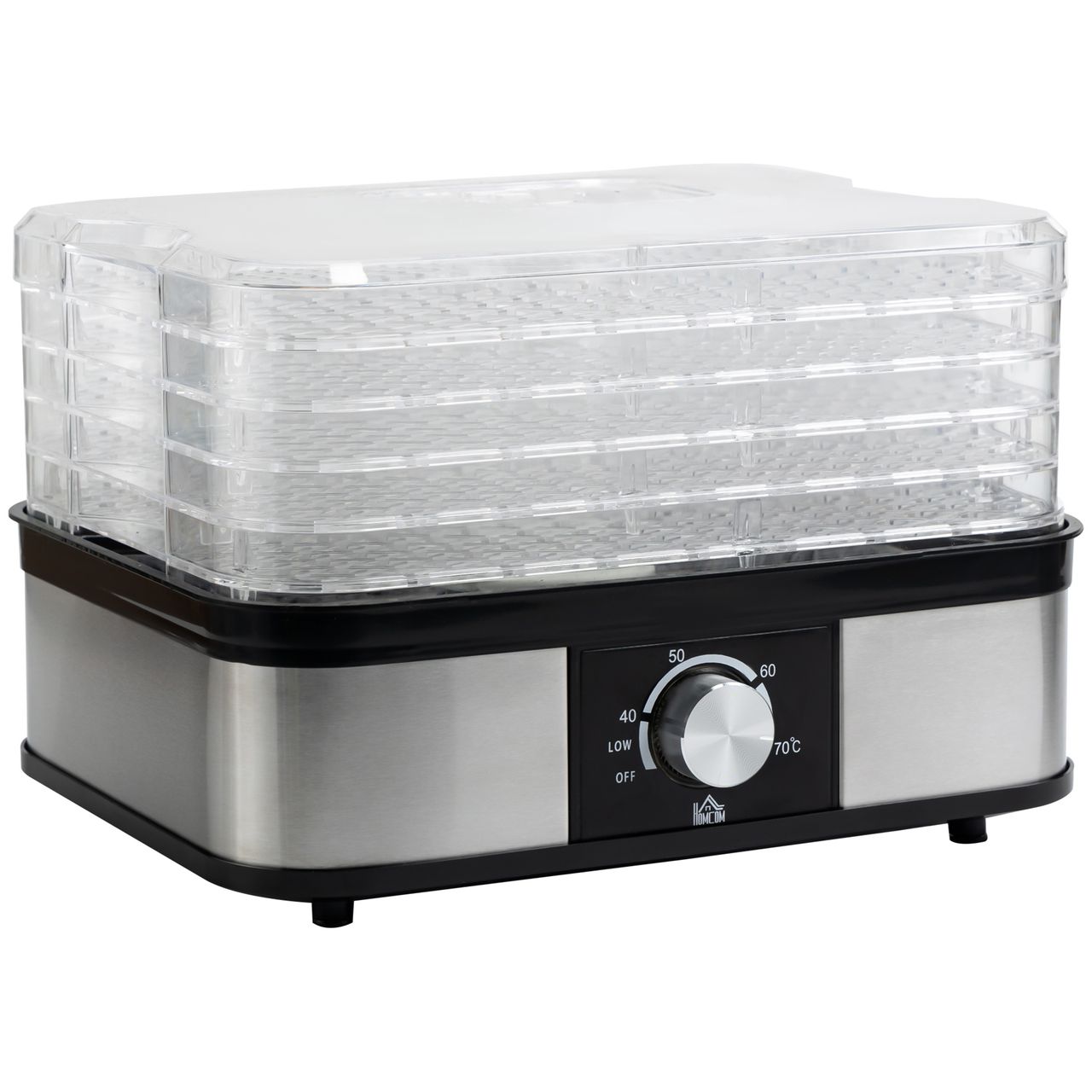 HOMCOM Dörrautomat Dörrgerät mit 5 Einlegefächer, 35-70°C, Obsttrockner Dehydrator für Fleisch Obst Haustier-Leckereien Edelstahl Silber Transparent 32 x 25 x 29cm