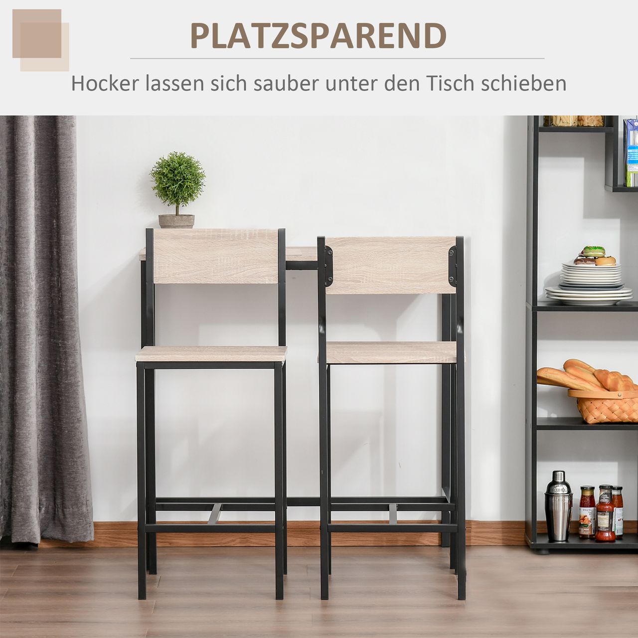 HOMCOM Bartisch Set 3-teilig, Esstisch mit 2 Barhocker, Küchentresen mit Barstühlen, Essgruppe, Sitzgruppe für Küche, Esszimmer und Bistro, Metallgestell, MDF, Natur  Schwarz, 89 x 45 x 87 cm