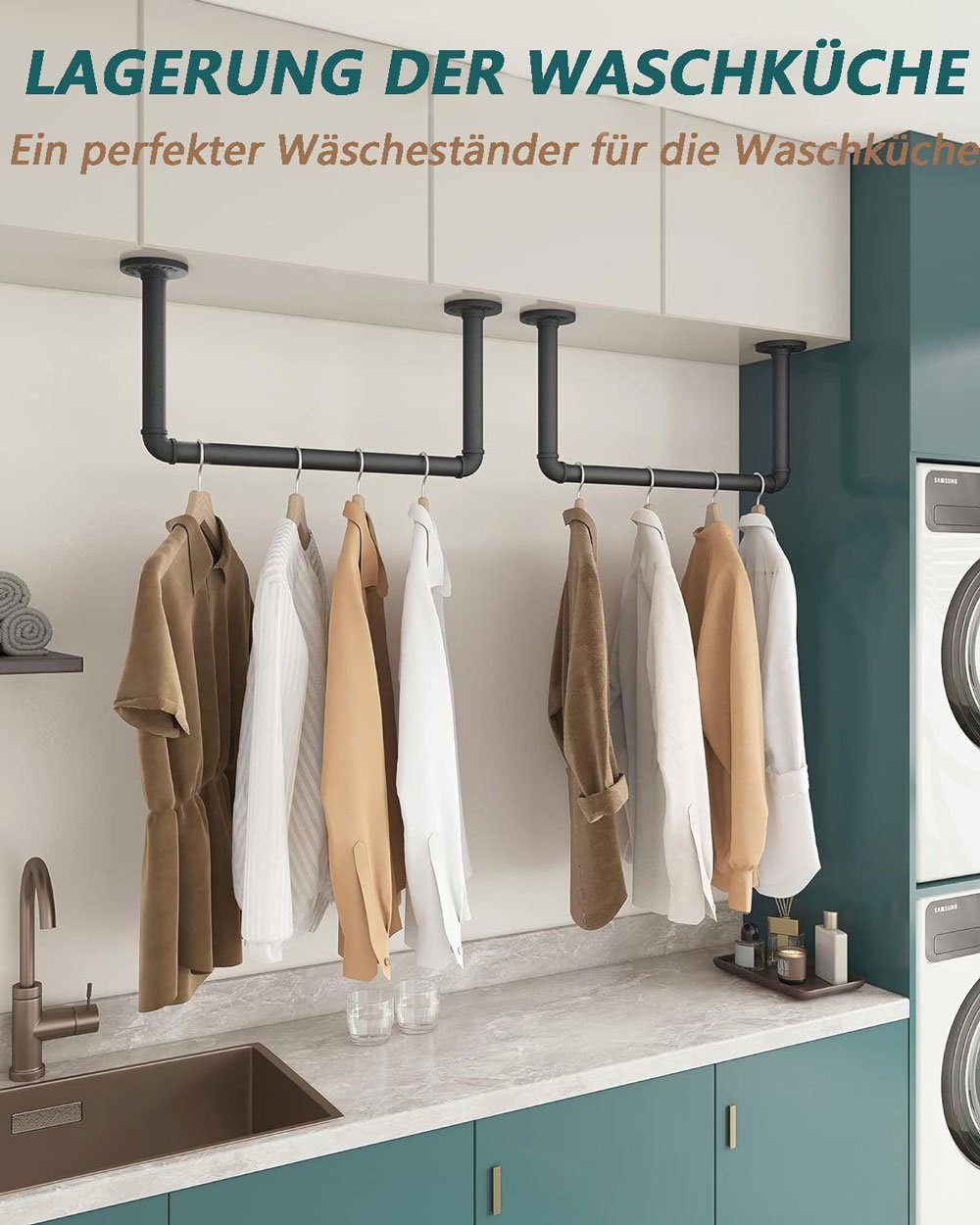 Sarfly Wäscheständer Industrierohr Kleiderstange,49 cm Kleiderstangen wandmontage, Abnehmbare Retro- Garderobenstangen aus Metall
