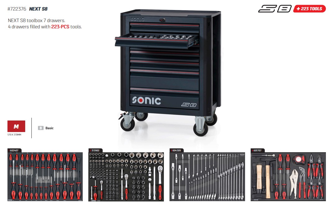 Sonic 722376 Cărucior de scule umplut | NEXT S8 | 223 de piese