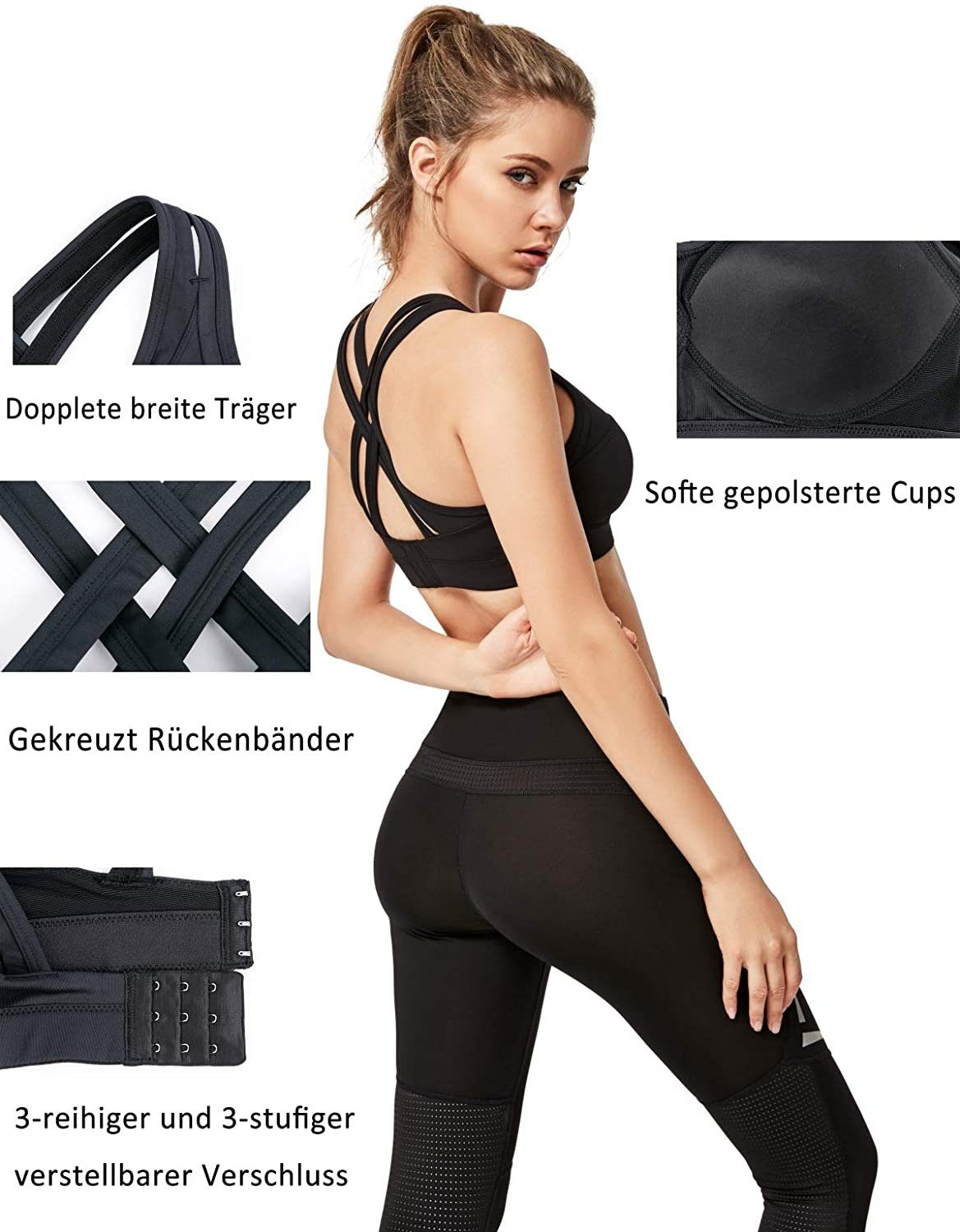 Yvette Sport-BH Starker halt, gekreuzt Rücken, mit Cups, H0100003