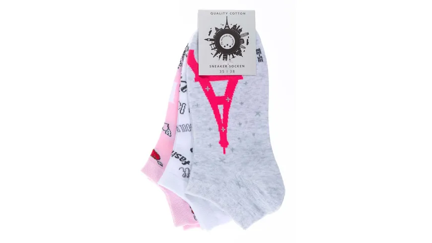 Damen Sneaker Socken Paris 3er Pack grau, weiß, rosa