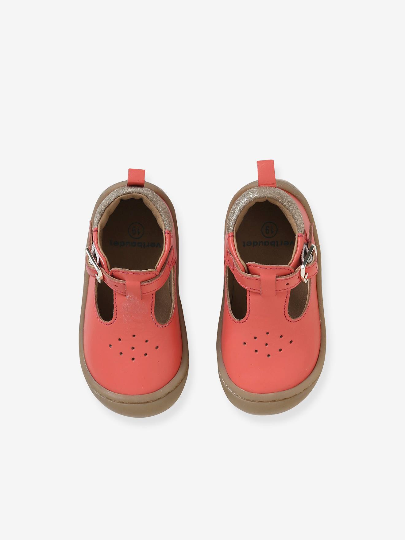 Salomés cuir souple bébé fille 4 pattes corail