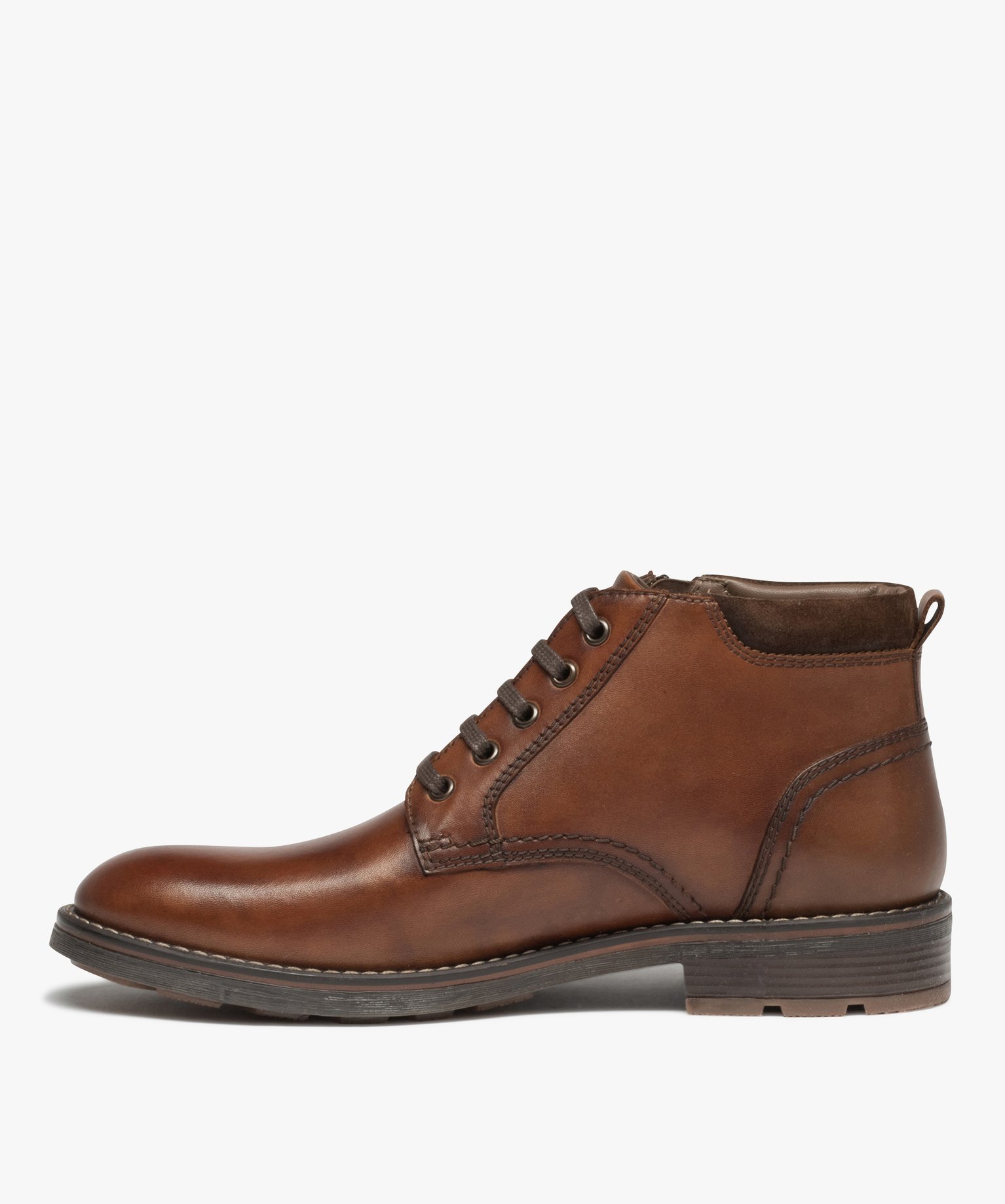 Boots homme casual en cuir uni à zip et à lacets marron | GEMO