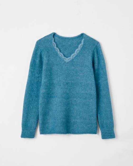Pull mélange mohair col dentelle