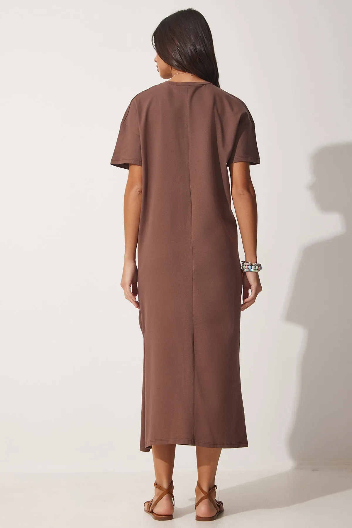 Happiness İstanbul  Damen-Sommerkleid aus gekämmter Baumwolle aus brauner Baumwolle UB00080