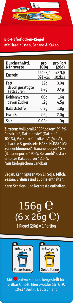 Kindersnack Fruchtriegel Banane & Kakao, ab 3 Jahren (6 x 26 g), 156 g
