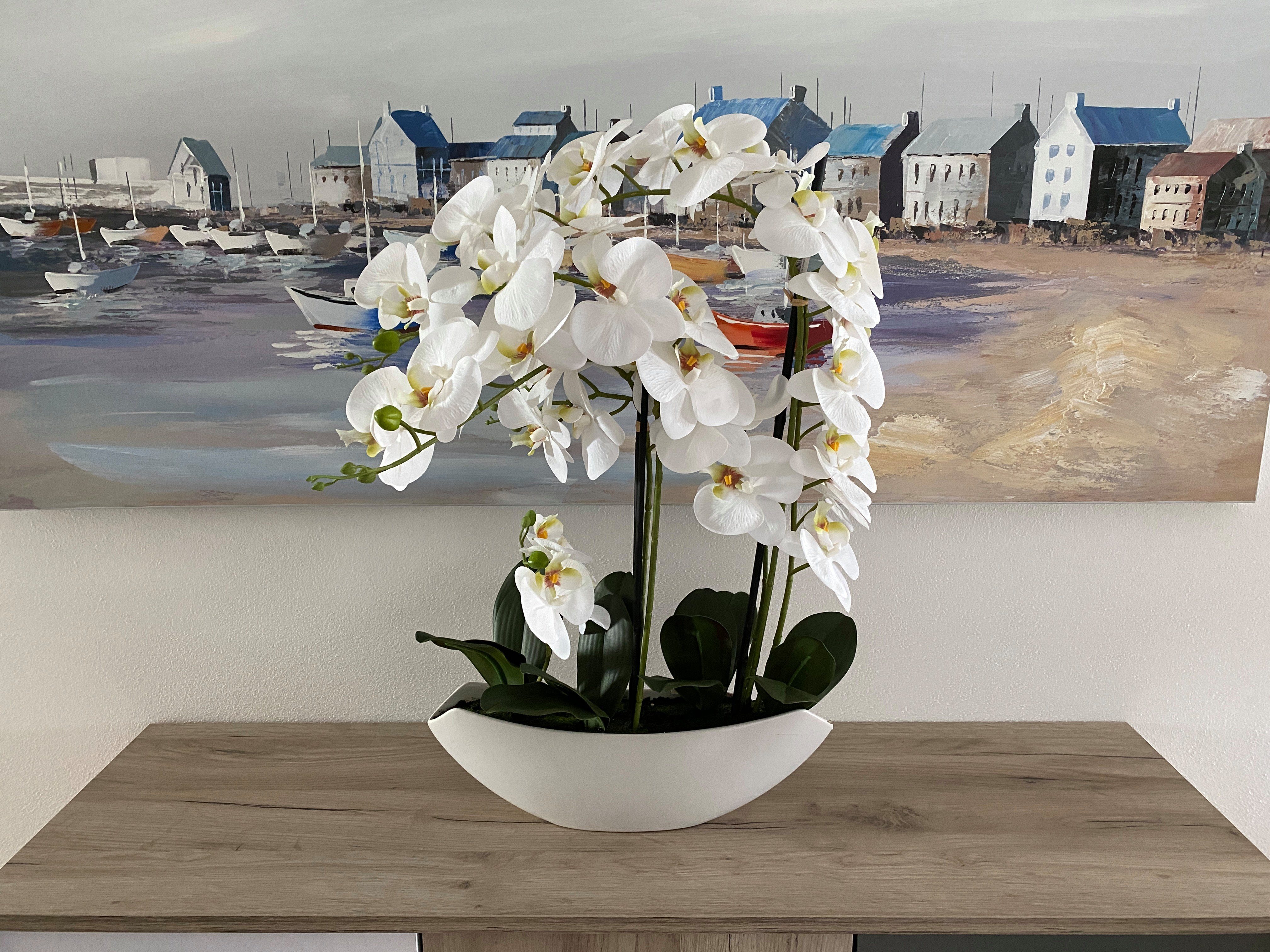 Kunstblume Orchidee Arrangement in weißem Keramiktopf, 70 cm, Dahlia Studios