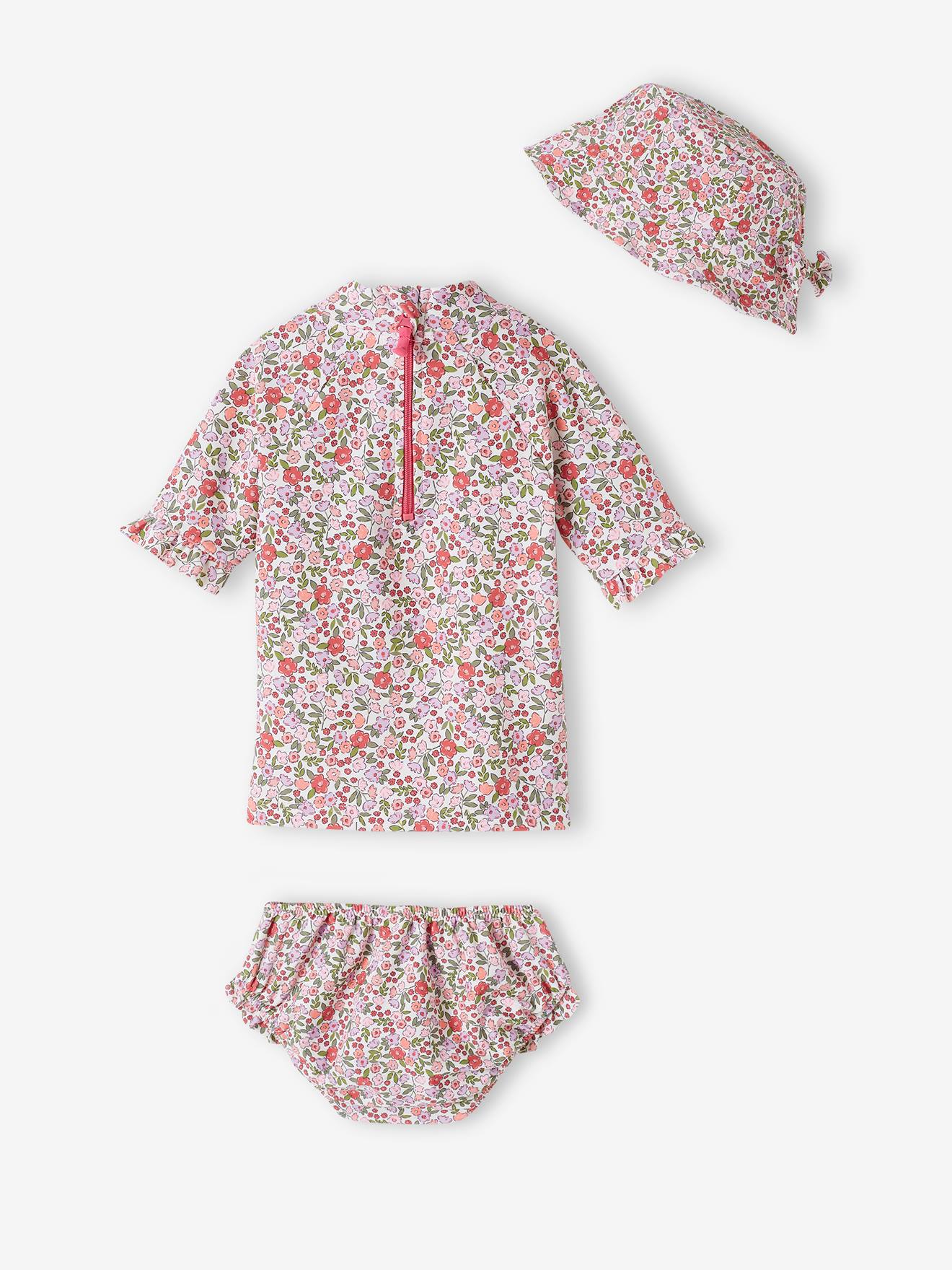 Vertbaudet Mädchen Baby-Set mit UV-Schutz: Shirt, Badehose & Sonnenhut Oeko-Tex - rosa