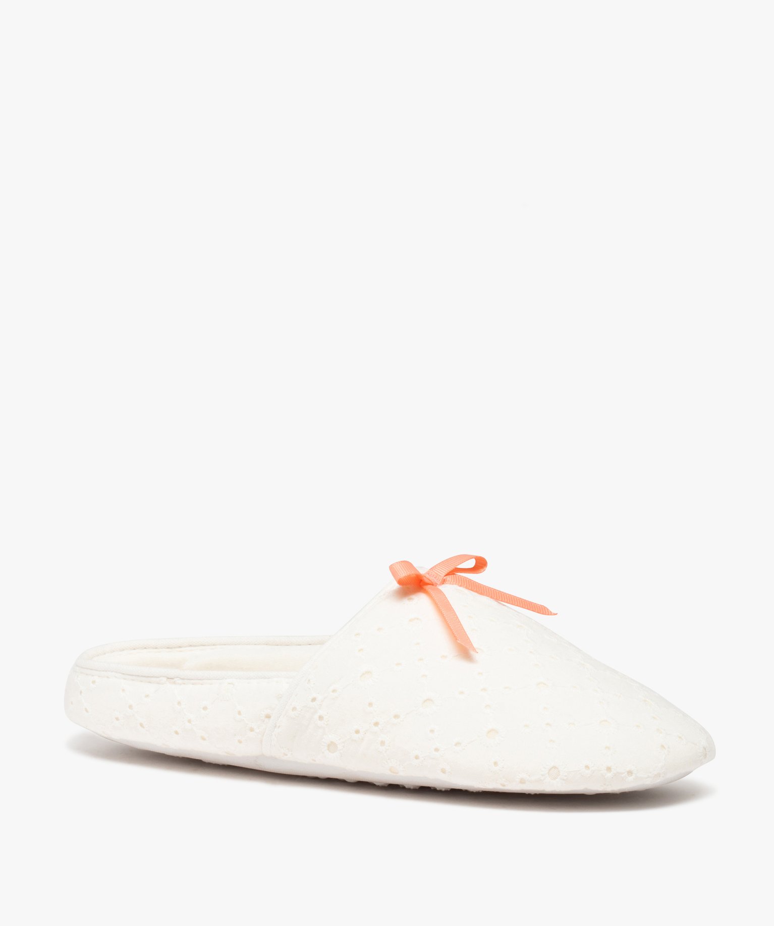 Chaussons femme mules plates dessus dentelle anglaise blanc | GEMO