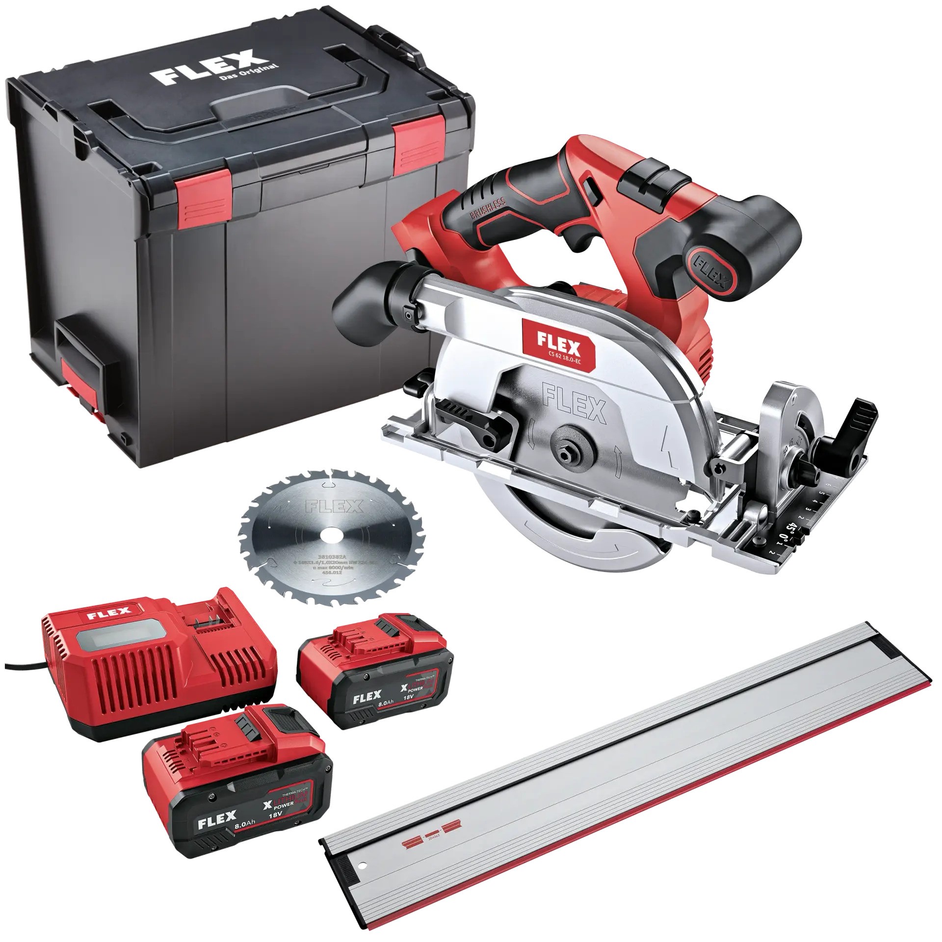 Flex-tools 534501 CS 62 18.0-EC Akku-Handkreissäge mit Pendelschutz, 18 V, 2 x 8,0 Ah Akkus in L-Boxx + Führungsschiene, 160 cm