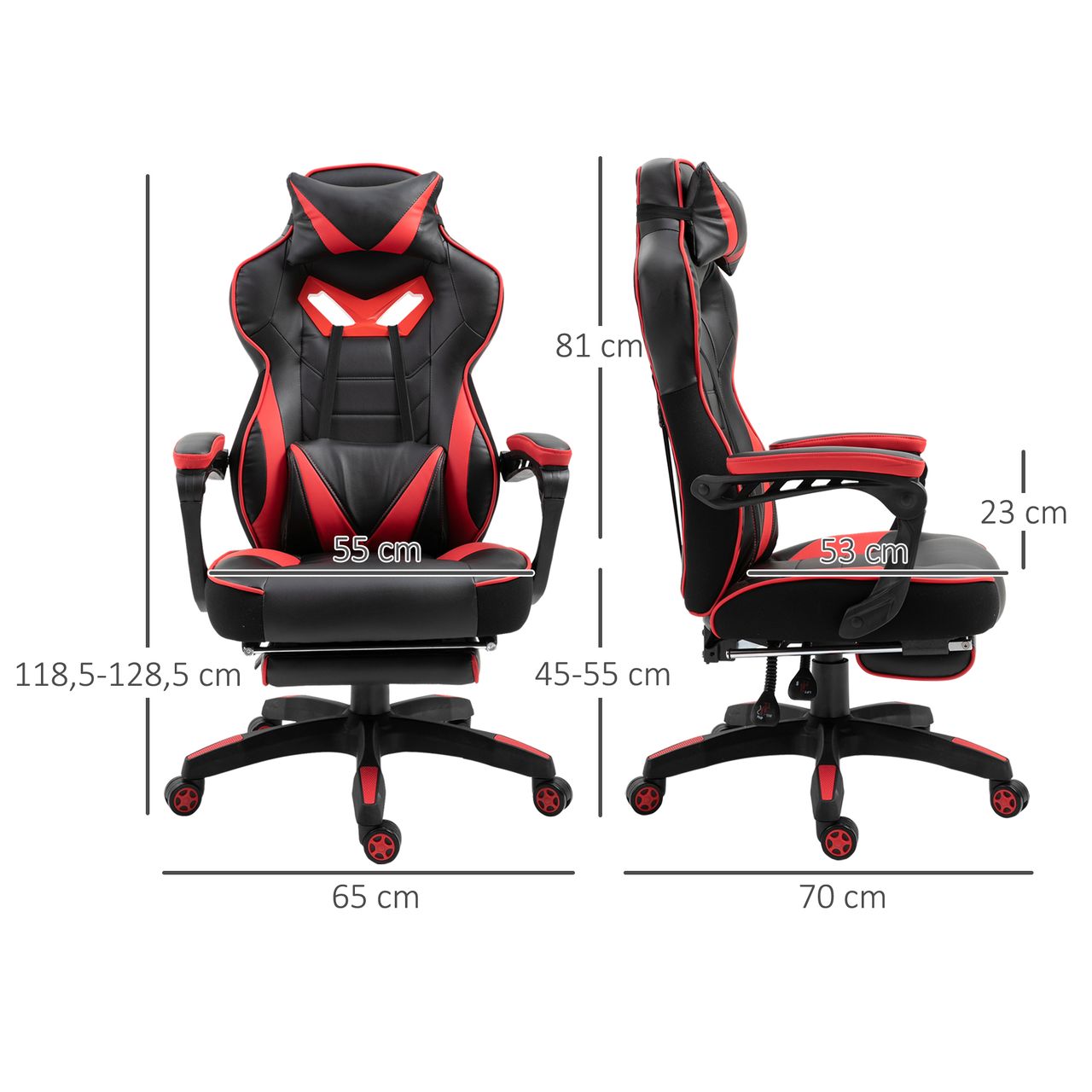 Vinsetto Ergonomischer Bürostuhl, Gaming Stuhl, Drehstuhl mit einziehbare Fußstütze und verstellbarer Rücken Schaumstoff PU-Leder Metall, Schwarz Rot, 65 x 70 x 118,5-128,5 cm