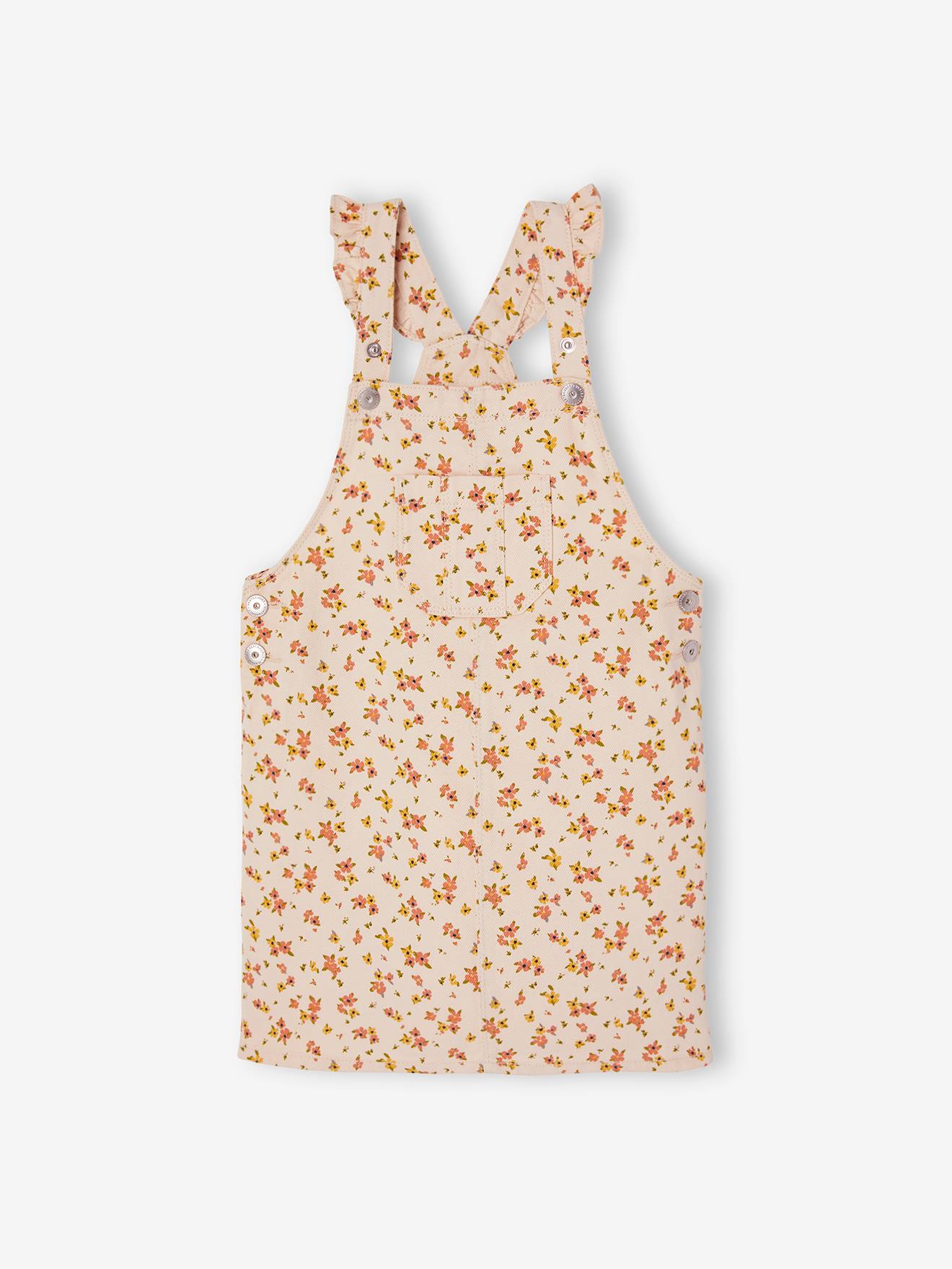 Robe-salopette à fleurs bretelles à volants beige rosé imprimé