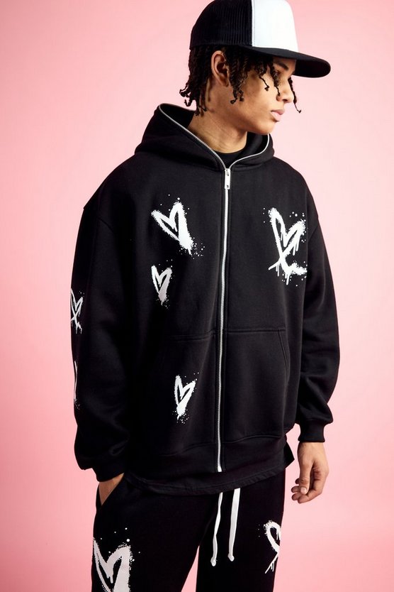 Oversize Hoodie mit Reißverschluss und Herz-Print