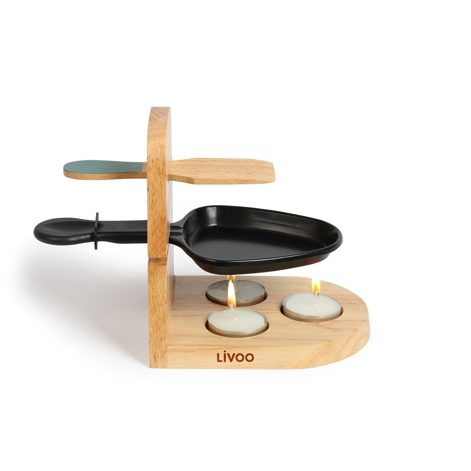 LIVOO Raclette LIVOO Raclette Set 1 Person Teelicht Camping Kerzen Holzspatel MEN397, 1 Raclettepfännchen, Teelichter, Racletteschieber, Raclettepfanne, Ständer aus Gummiholz