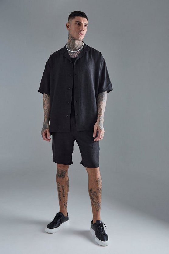 Tall kurzärmliges Oversize Leinen-Hemd & Shorts in Schwarz