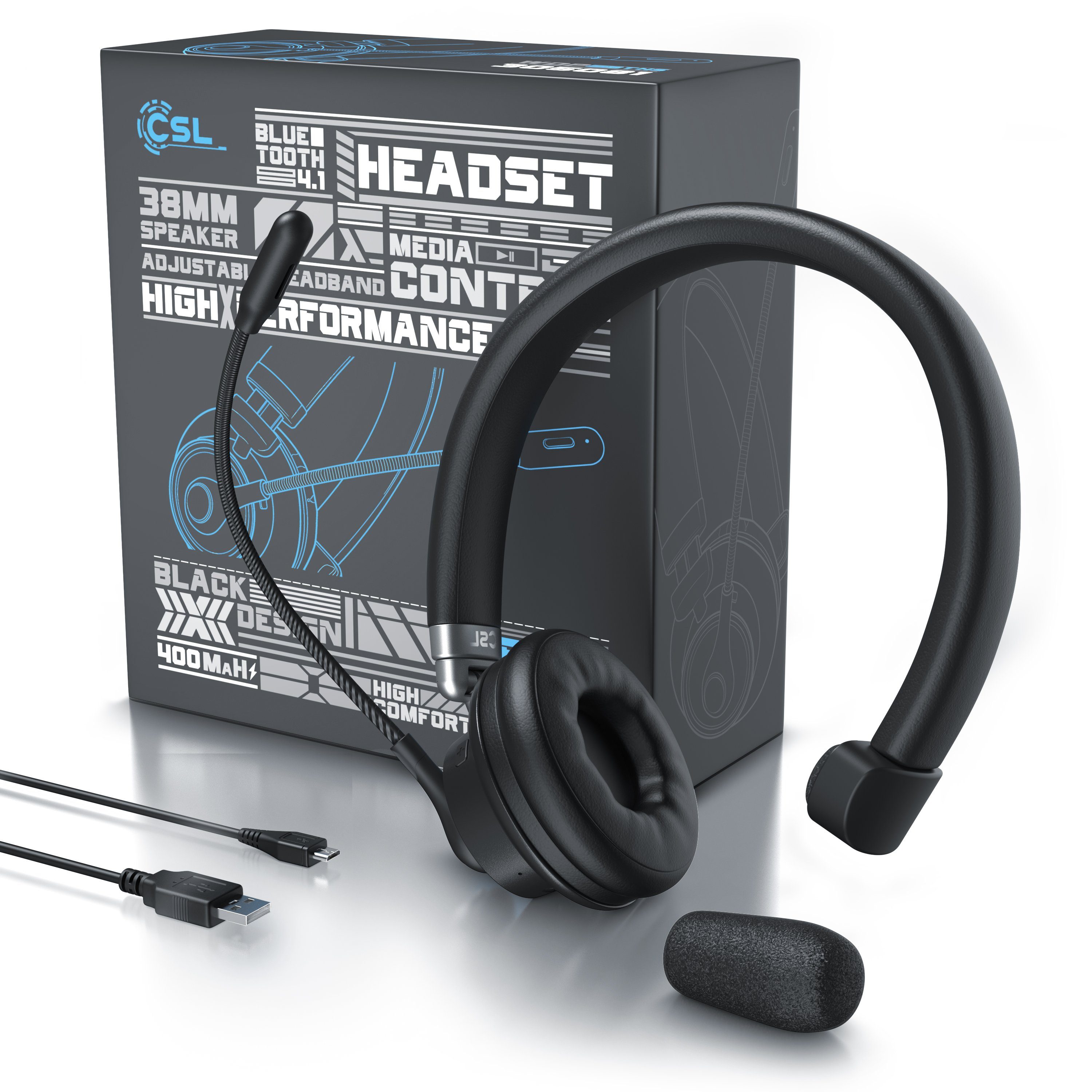 CSL Wireless-Headset (Multipoint; freisprechen; für Auto, LKW, Computer, VoIP, Call Center & Handys, Bluetooth 4.1, Kopfhörer mit flexiblem hochklappbarem Mikrofon, kabellos, leicht)