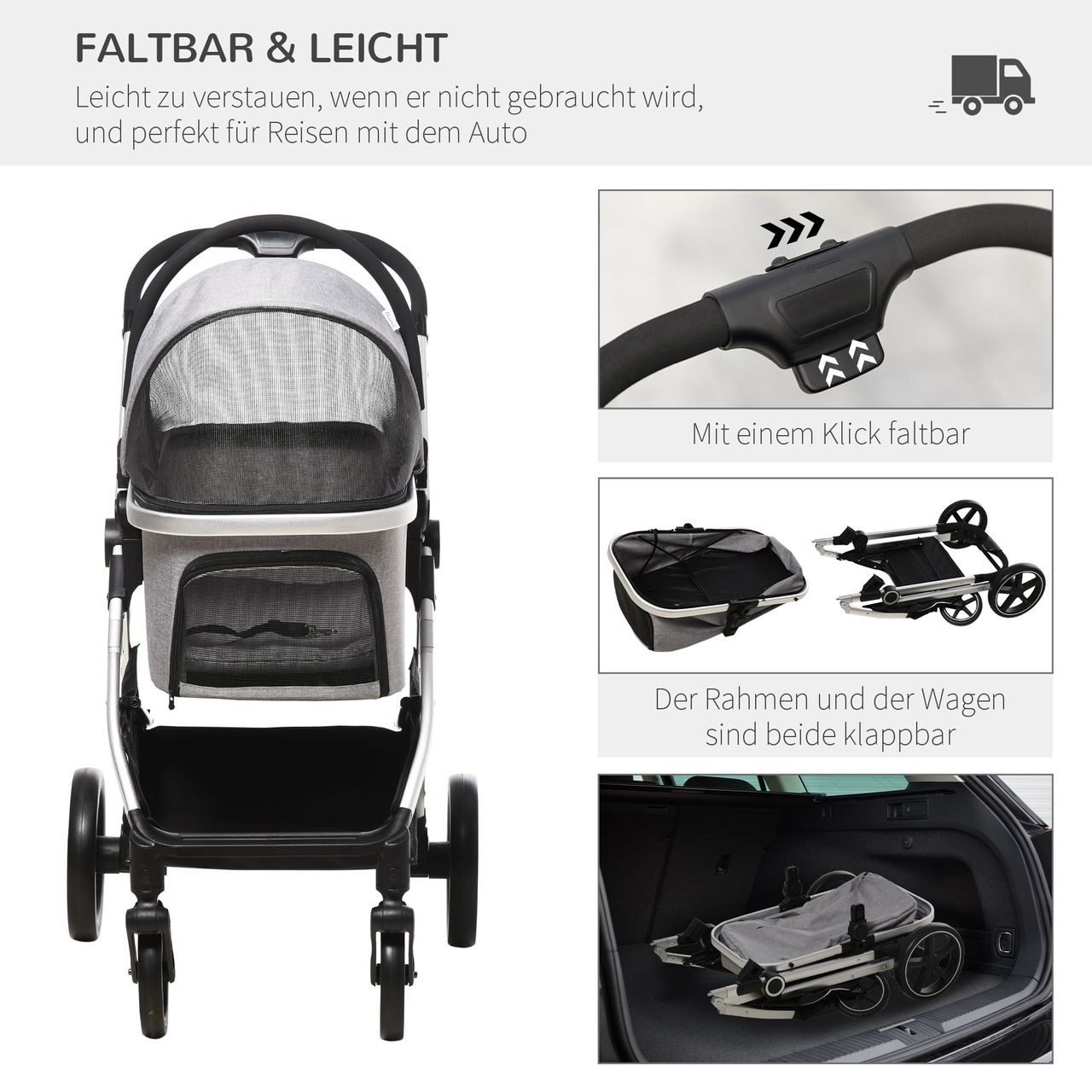 PawHut Hundewagen, 2 in 1 Hundetrolley, Tragetasche, faltbarer Hundebuggy, Grau