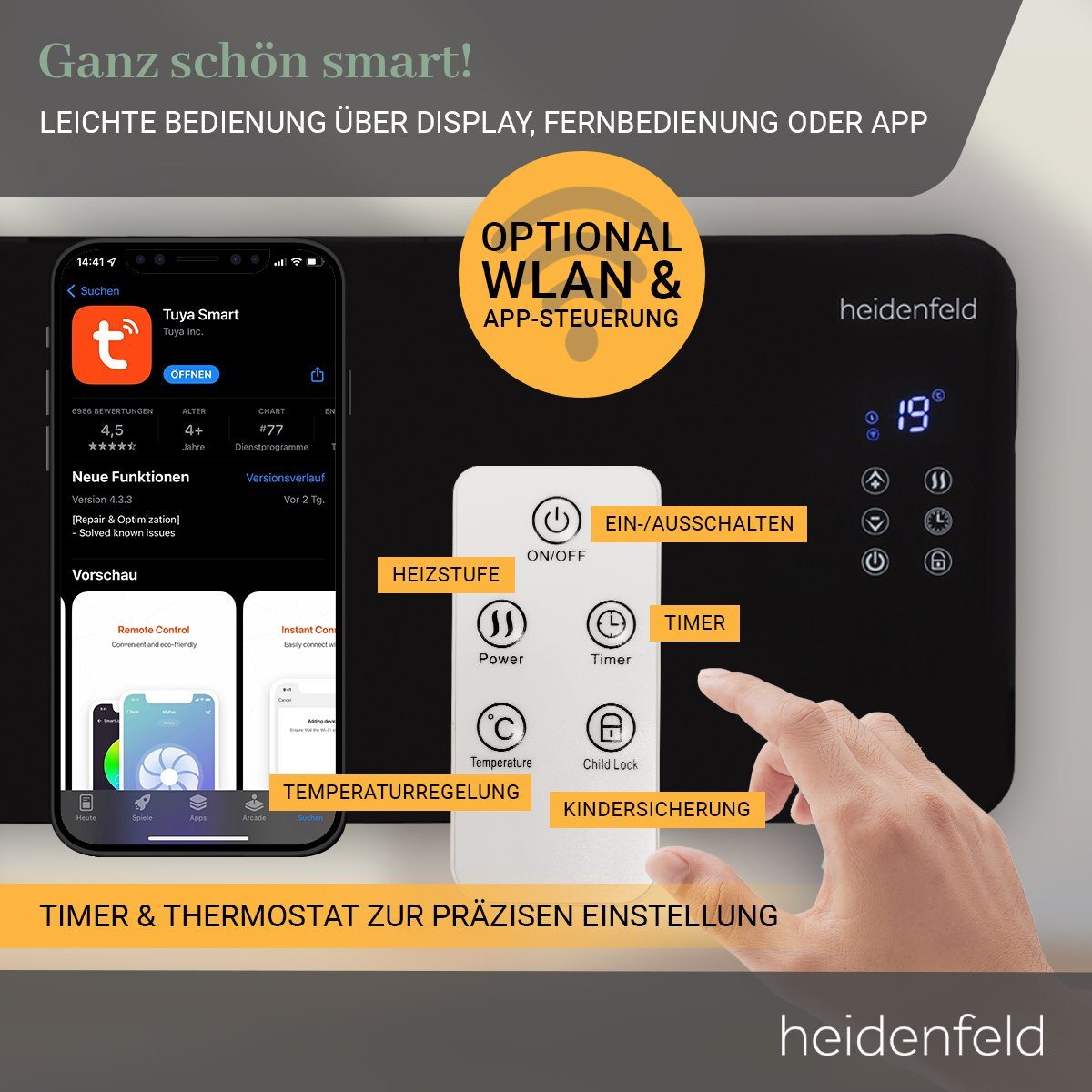 Heidenfeld Konvektor Glaskonvektor GK200 - 2000 W inkl. 3 Jahre Garantie Heizgerät, 2000 W, Elektro Heizung - LED-Bedienfeld und Fernbedienung - Kindersicherung