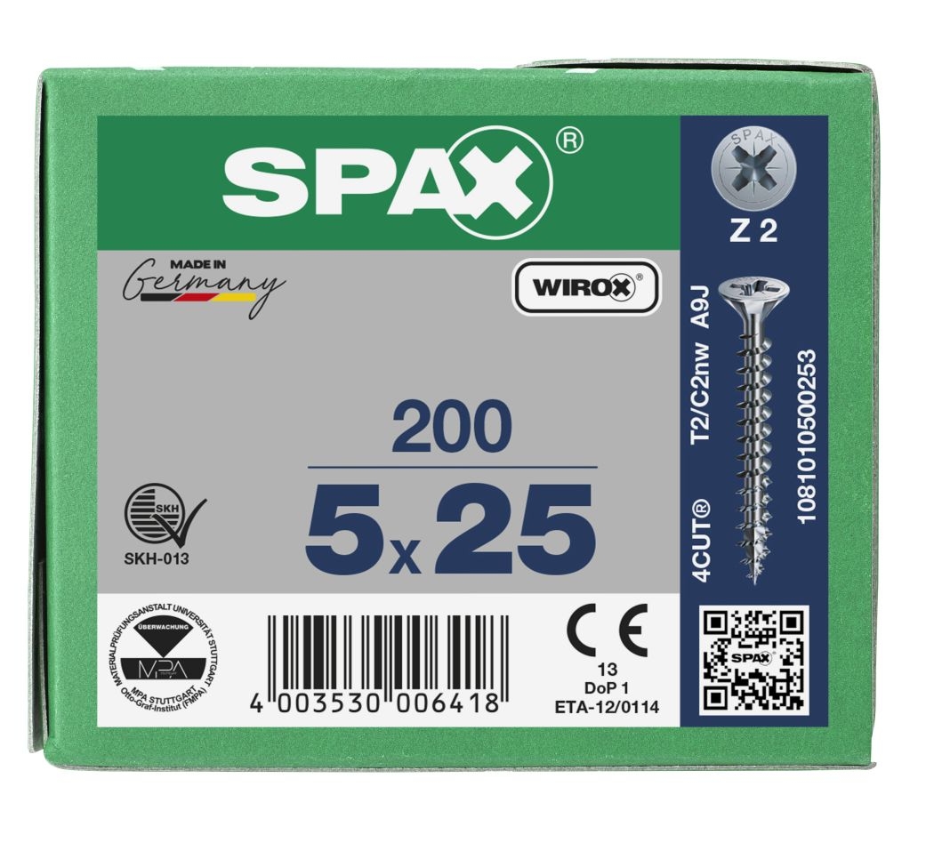 SPAX 1081010500253 Универзални вијак 5 x 25 мм, Пуни навој, Упуштена глава, Крстасти навој Z2 - 200 комада